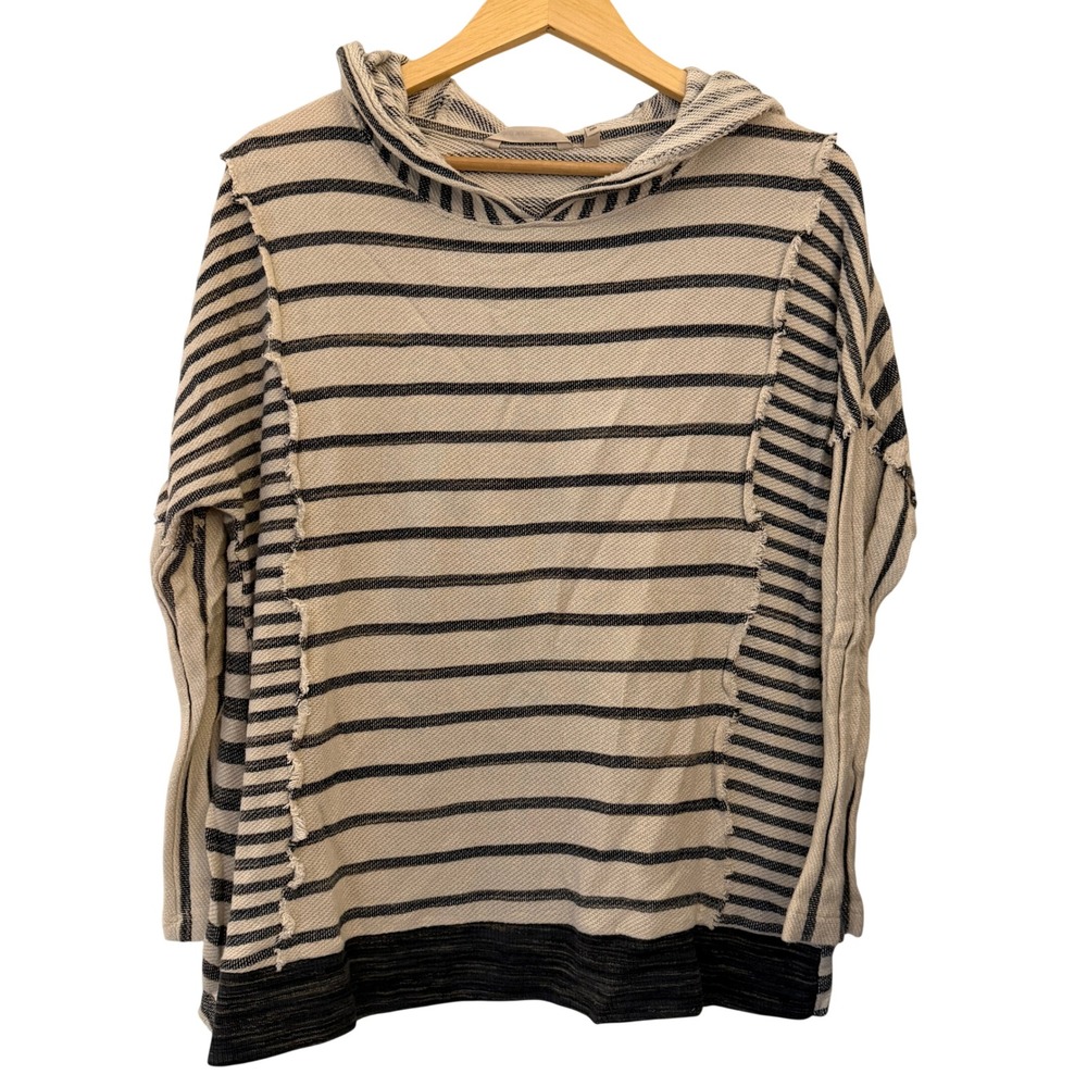 Soft Surroundings Hoodie Womens PM Cream Navy Excellent Striped Raw Seam 3CN26‎